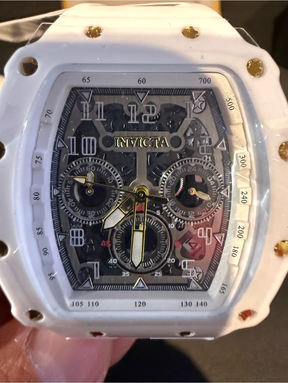 Invicta White and Gold-Screw Chronograph Watch